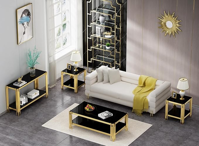 4 Pieces Glass Living Room Table Set, Modern Coffee Table Console Table and 2 End Table Set with Storage Glass Gold Coffee Table Set w/Stainless Steel Frame for Apartment Home Office