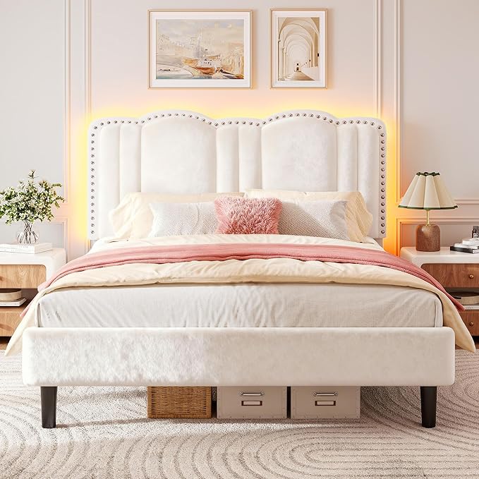 EnHomee Queen Bed Frame with LED and Velvet Headboard, Bed Frame Queen Size with Adjustable Cute Cloud Headboard, Strong Support, Noise Free, No Box Spring Needed, Easy Assembly, Cream
