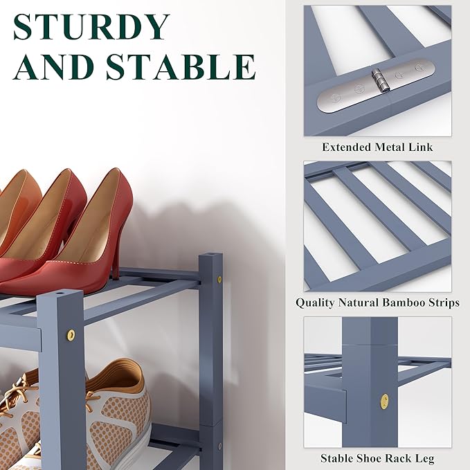 Smiry Shoe Rack, 3 Tier Long Bamboo Shoe Organizer, Stackable Free Standing Wooden Shoe Storage Shelf for Closet, Entryway, Front Door Entrance, Grey