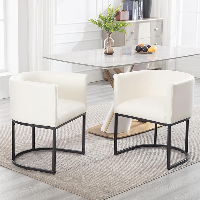 Faux Leather Dining Chairs Set of 8 Modern Barrel Arm Chairs with Black Metal Frame, Upholstered Kitchen Chairs 18.5" Wide Accent Chairs for Living Room Dining Room Restaurant, White