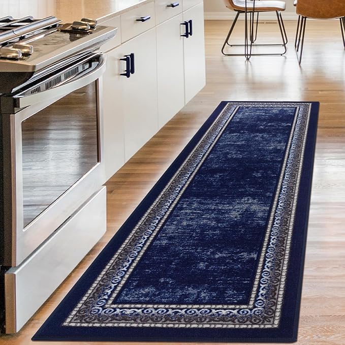 Antep Rugs Alfombras Bordered Modern 2x7 Non-Slip (Non-Skid) Low Pile Rubber Backing Indoor Area Runner Rug (Navy, 2' x 7')
