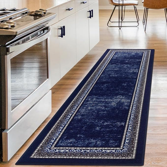 Antep Rugs Alfombras Bordered Modern 2x7 Non-Slip (Non-Skid) Low Pile Rubber Backing Indoor Area Runner Rug (Navy, 2' x 7')