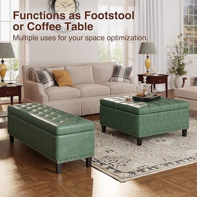 Storage Ottoman Bench,51-Inch Large Storage Bench for Bedroom End of Bed, 30 Gallons Faux Leather Ottoman with Storage for Bedroom, Living Room, Entryway, Hallway,Green