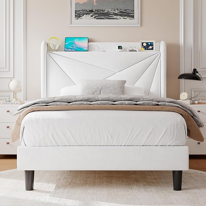 Twin Size Upholstered Bed Frame with Charging Station, Platform Bed Frame with Storage Headboard, Solid Wood Slats Support, No Box Spring Needed, White