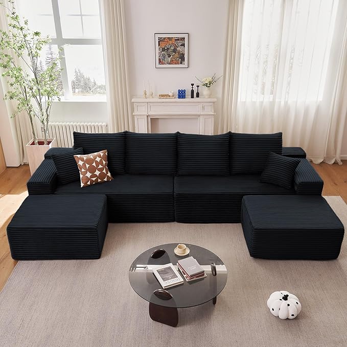 140" Sectional Cloud Couch for Living Room, Stupendous U Shaped Sofas, Modular Floor Deep-Seat Sofa, Big Comfy Corduroy Couches Set with Fluffy Memory Foam, No Assembly Required, Black