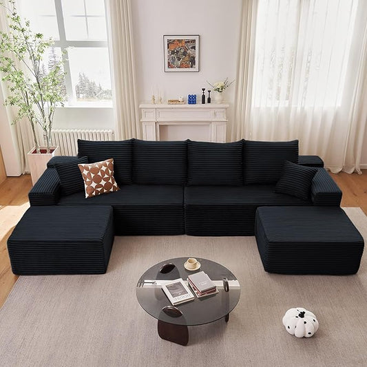 140" Sectional Cloud Couch for Living Room, Stupendous U Shaped Sofas, Modular Floor Deep-Seat Sofa, Big Comfy Corduroy Couches Set with Fluffy Memory Foam, No Assembly Required, Black
