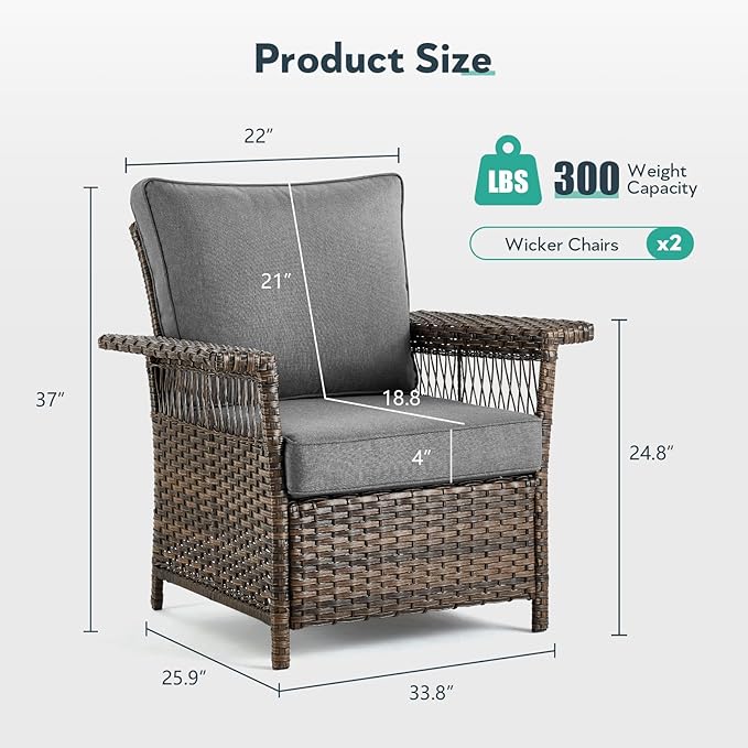 Wicker Outdoor Chairs Set of 2 - Hollow Widen Armrests Patio Furniture Set with Comfortable Thickened Cushion, High Back Outdoor Rattan Chairs for Balcony Porch Deck and Yard - Brown/Gray