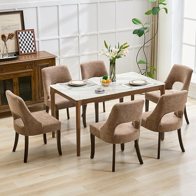 UVV Wooden Dining Chairs Set of 2, Mid Century Modern Upholstered Dining Room Chair Kitchen Chairs, Chenille Dinner Chair with Solid Wood Legs for Kitchen Dining Room, Khaki-Chenille