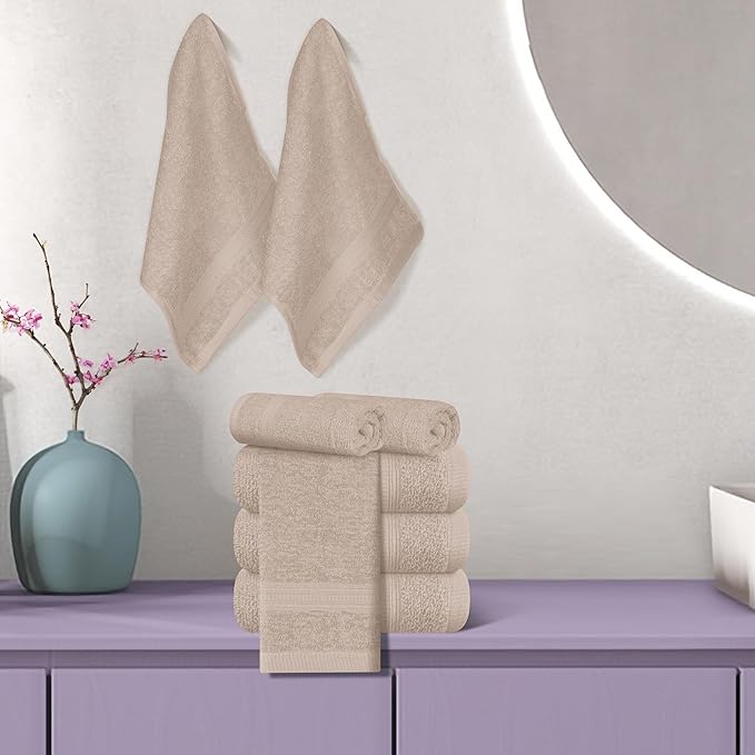 BOUTIQUO Ultra Soft Cotton Washcloths, Contains 12 Piece Face Cloths 12x12 inch, Ideal for Everyday use Face Towels, Compact & Lightweight Multi Purpose Washcloths - Tan
