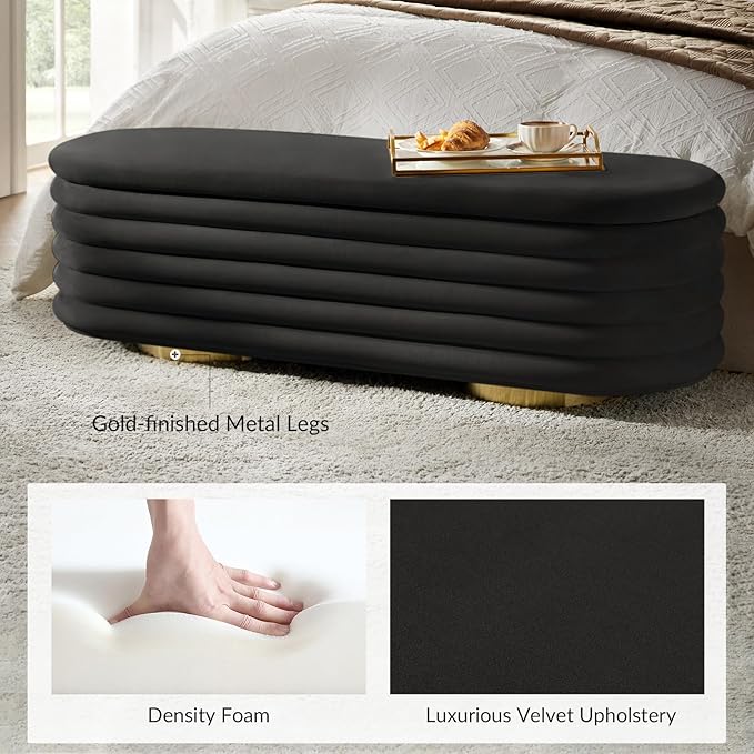 HULALA HOME Velvet Storage Bench, Large Upholstered Ottoman Bench with Button Tufted Design for Living Room, Bedroom, Entryway, or Window, End of Bed Bench with Shoe Storage, Modern Home Decor, Black