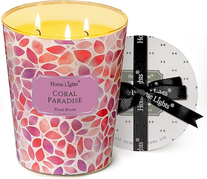 HomeLights Coral Paradise Scented Candles | 34oz Soy Candles Bohemian Natural Textures 3-Wick Large Candle Jars | Ideal Candle Gifts for Events, Home Decor Stress, Relief & Relaxation