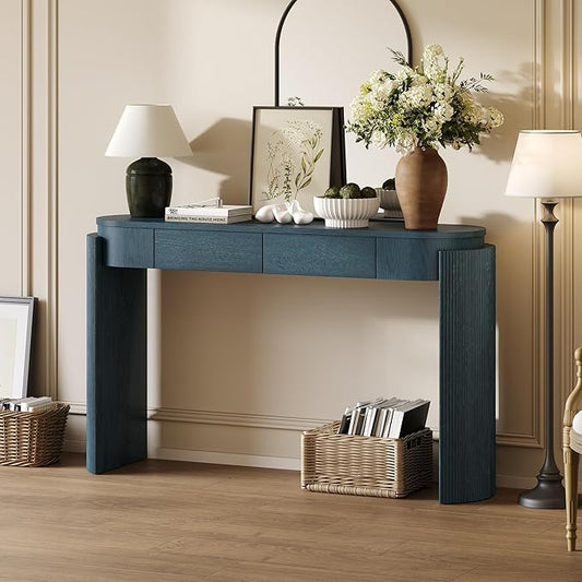 55" Wood Console Table for Entryway with Fluted,Modern Curved Oval Hallway Table and 2 Drawers,Rustic Farmhouse Narrow Sofa Table for Living Room,Bedroom,Apartments-Blue