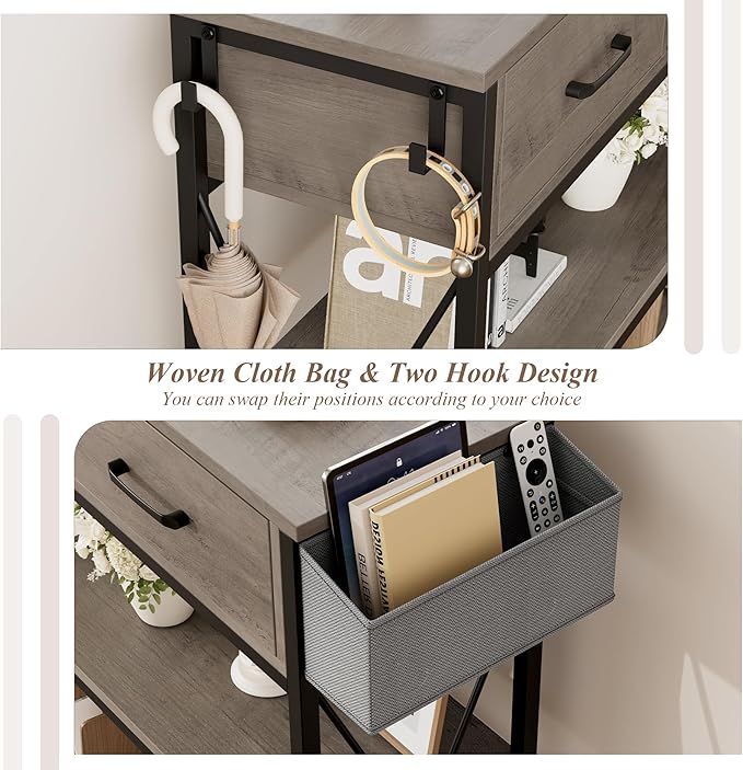 HITHOS 47.2" Long Console Table with 3 Drawers and 3-Tier Storage Shelves, Industrial Sofa Table for Living Room Entry Way