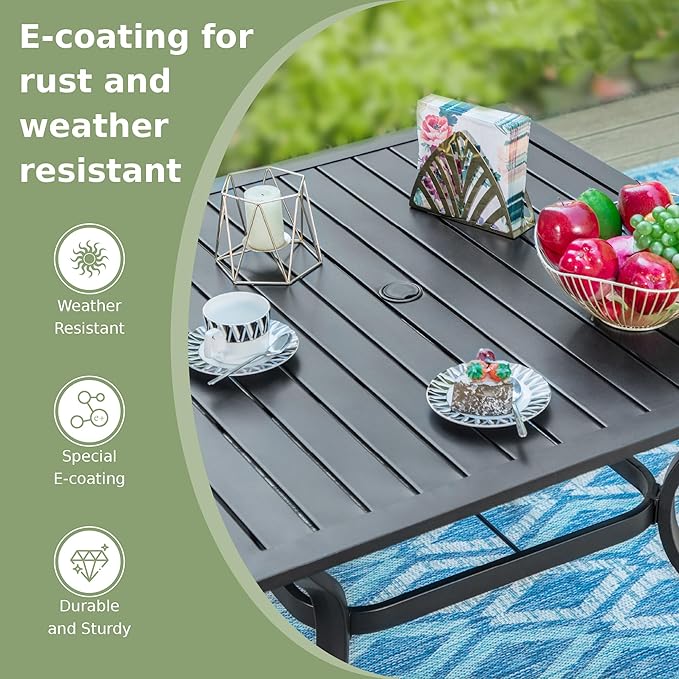 PHI VILLA 37" Metal Steel Slat Patio Dining Table Square Backyard Bistro Table Outdoor Furniture Garden Table, 1.57” Umbrella Hole, Black