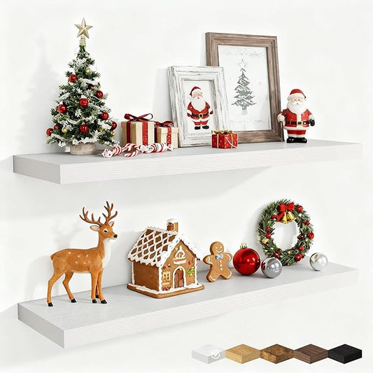 Fun Memories 36 Inch Floating Shelves, 9.3 Inch Deep Rustic Wall Shelves - Extra Deeper Wall Mounted Storage Shelves for Bathroom, Kitchen, Living Room (White, Set of 2)