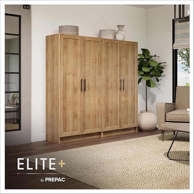 Prepac Natural Oak Elite 65" Tall Accent Kitchen Pantry Cabinet, Craft or Bathroom Storage Cabinet, Buffet Storage with Panel Doors, 3 Shelves, 32" W x 16.75" D x 65" H, Ideal for Home Organization