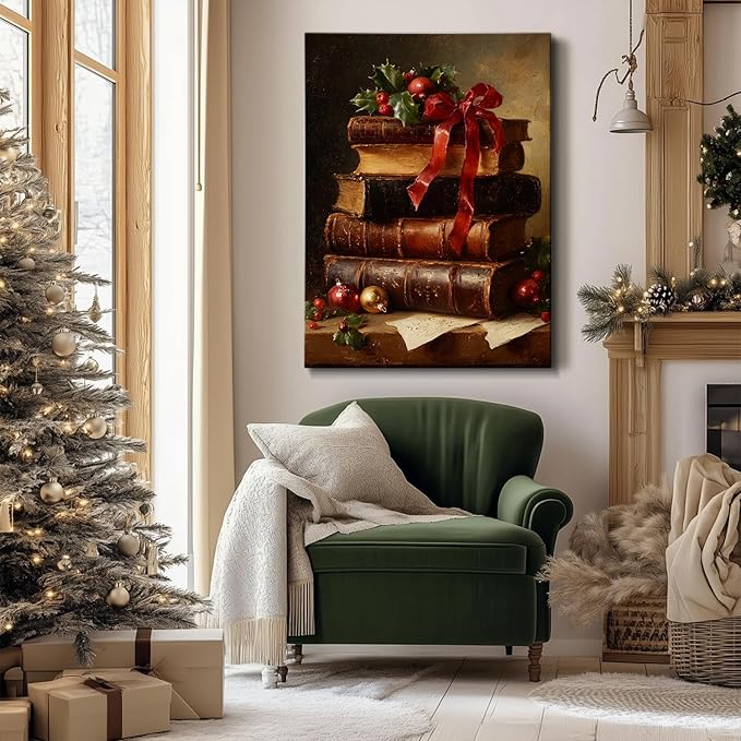 Dark Academia Christmas Canvas Wall Art - Vintage Books & Holly Framed Print for Library Reading Nook, Moody Winter Decor, Unique Christmas Gifts for Book Lovers & Festive Decorations