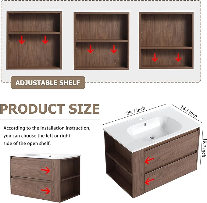 Goujxcy 30" Wall Mounted Bathroom Vanity with Sink, Modern Floating Bathroom Cabinet with White Gel Basin and Storage Drawer/Adjustable Side Shelf, Soft-Closing Door Wood Hanging Bath Room Cabinet