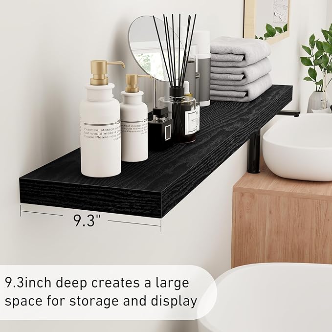 Fun Memories Floating Shelves - 9.3 Inch Deep Wall Shelf for Decor & Storage - Wall Mounted Display Shelving with Invisible Heavy-Duty Metal Bracket - 48" W x 9.3" D x 1.5" H - Set of 1 - Rustic Black