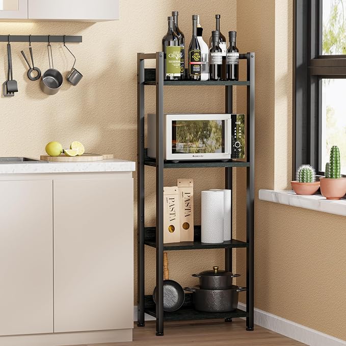 Furologee 4 Tier Bookshelf with Drawer, Small Narrow Bookcase, Wood and Metal Standing Shelf Unit, Industrial Display Storage Shelves Organizer for Bedroom, Living Room, Entryway, Black