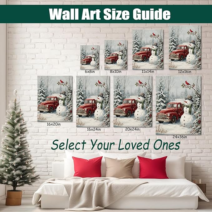 Christmas Snowman & Red Truck Canvas Wall Art - Rustic Winter Scene Framed Picture for Modern Farmhouse Home, Festive Christmas Wall Decor, Perfect Christmas Gifts & Holiday Decorations