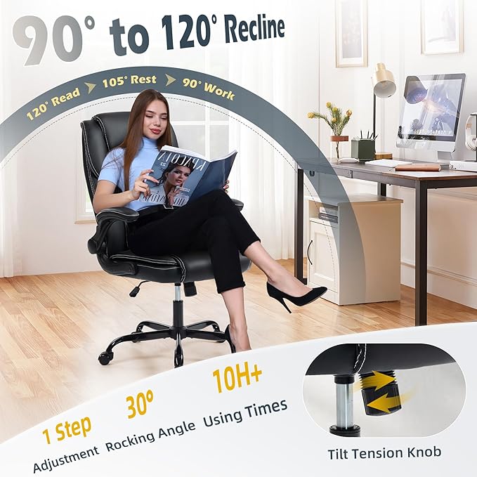 Office Chair - Executive Leather High Back Office Desk Chair with Rocking Function - Ergonomic Breathable Comfortable Wide Swivel Rolling Gaming Computer Chair with Flip-up Armrests & Lumbar Support