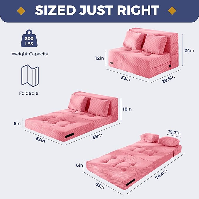 MAXYOYO Convertible Sofa Bed, Fold Out Sleeper Sofa with Pillow, 4 in 1 Tufted Folding Couch Bed Foam Floor Couch, Lazy Chair for Living Room Bedroom Guest Room, Pink