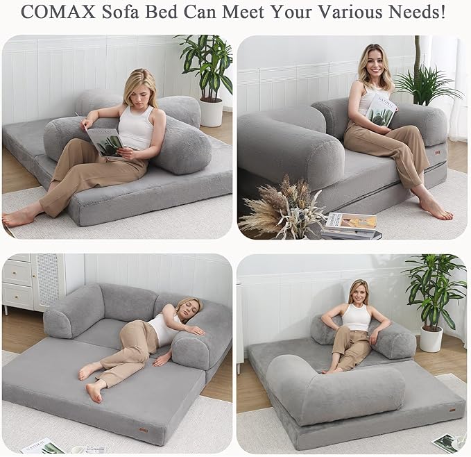 COMAX Folding Sofa Bed Queen, Foldable Couch Bed, Fold Out Futon Chair Sleeper for Adults, Convertible Floor Mattress Sofa for Bedrooom Living Room Guest Room, Faux Fur Grey