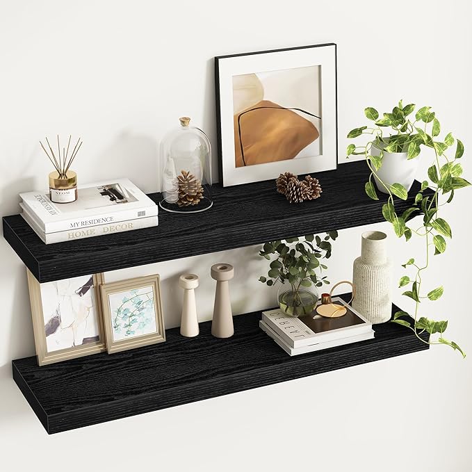 Fun Memories 36Inch Floating Shelves, 9.3Inch Deep Rustic Wall Shelves - Extra Deeper & Thicker Wall Mounted Storage Shelf for Kitchen, Farmhouse - Set of 2 - Rustic Black