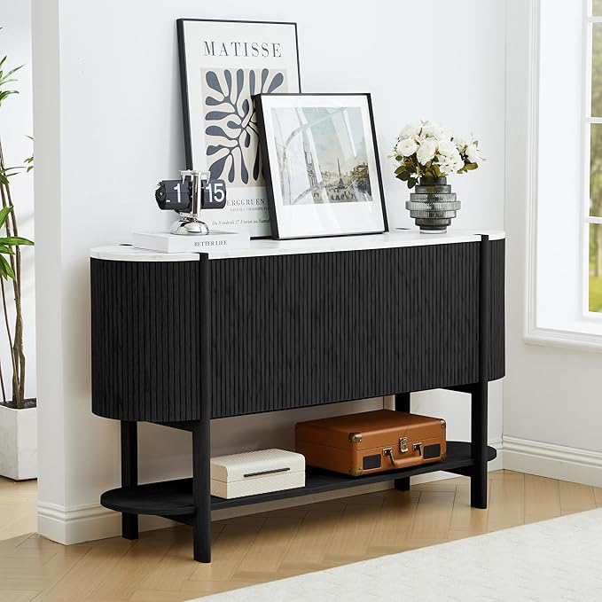 Console Table with Storage, Fluted Entryway Table with 2 Doors and Open Shelf, Long Sofa Table Behind Couch for Living Room, Hallway (Black)