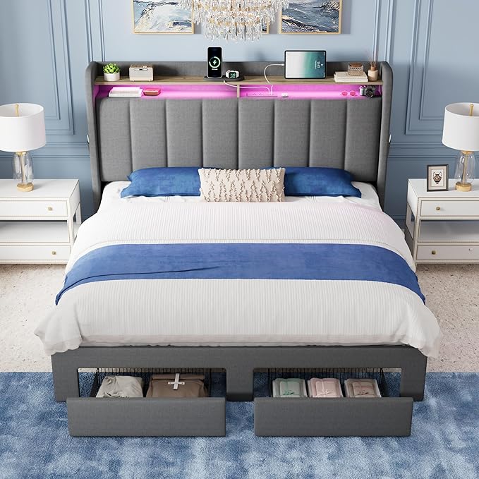 Allewie Vertical Tufted Full Size Upholstered Platform Bed Frame with 2-Tier LED Storage Headboard & 2 Storage Drawers, USB & Type-C Charging Ports, Noise-Free/No Box Spring Needed, Dark Grey