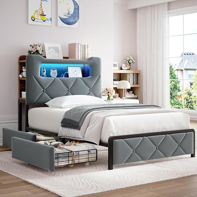 Twin Upholstered LED Bed Frame with 2 Storage Drawers and 2-Tier Storage Bookcase Headboard, Velvet Platform Bed for Kids/Girls/Boys, Heavy Duty Metal Support, No Box Spring Needed, Grey