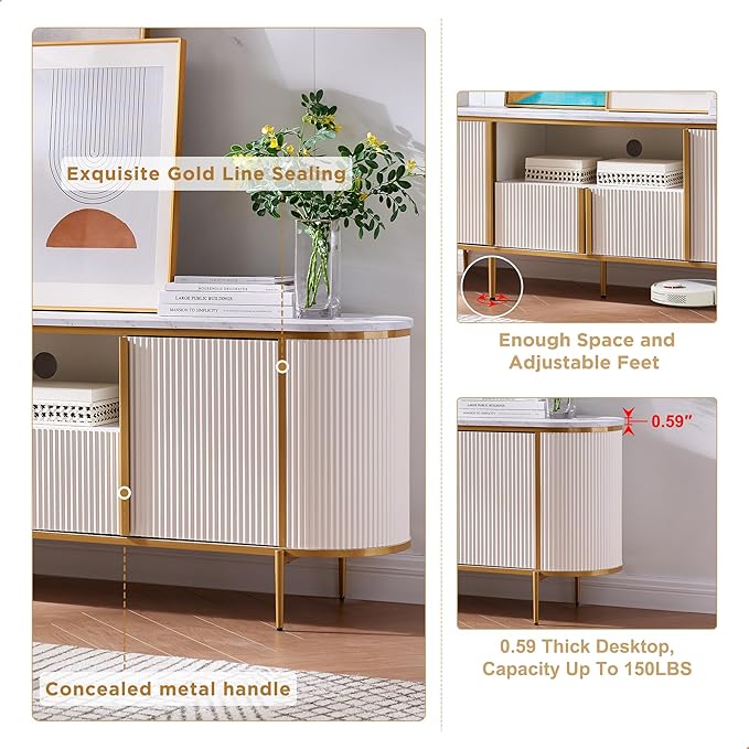 OKD Luxury 70" Fluted TV Stand, Modern Chic Entertainment Center for TVs Up to 80 inches, TV Console with Faux Marble Top, Curved Profile Design, Media Console for Living Room, Off White