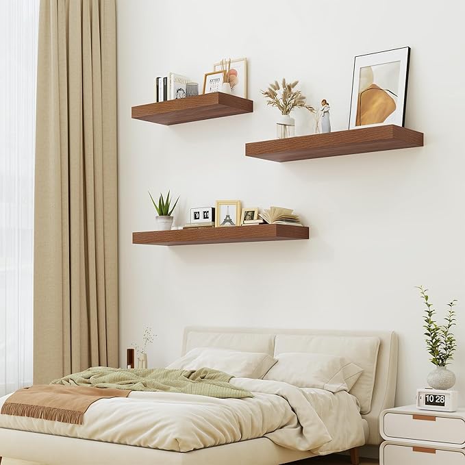 Heimlove 12" Deep Floating Shelves for Wall, 24 Inch Shelf Bathroom Shelves Set of 1, Mounted Shelves for Books Living Room Laundry Room Bedroom Kitchen Home Office, Walnut