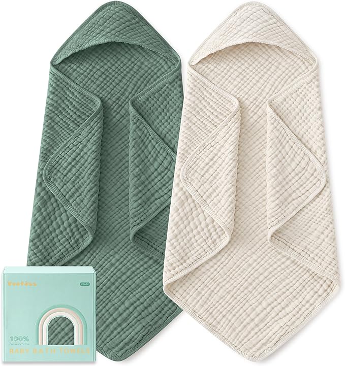 Yoofoss Hooded Baby Towels for Newborn 2 Pack 100% Muslin Organic Cotton Baby Bath Towel with Hood for Babies, Infant, Toddler and Kids, Large 32x32Inch, Soft and Absorbent Newborn Essential