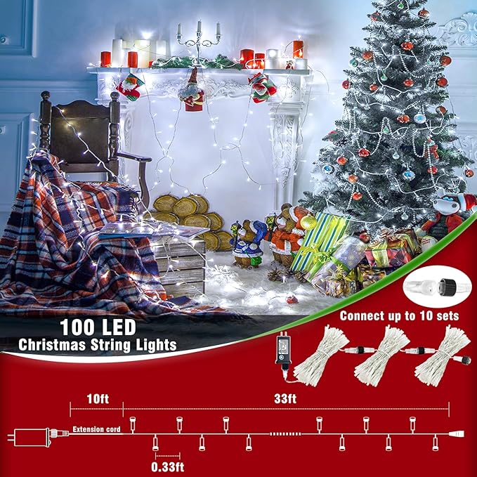 33ft 100 LED Christmas Lights Outdoor - 8 Modes Christmas String Lights Clear Wire Waterproof Plug in Twinkle Fairy String Lights for Indoor Outdoor Home Party Garden Decoration, Cool White
