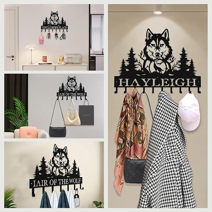 Personalized Key Hooks for Wall,Custom Name Mighty Wolf Key Holder Wall Mounted,Fashion Coat Rack,Metal Key Hanger with Hooks,Key Rack Organizer for Entryway,Hallway,Doorway