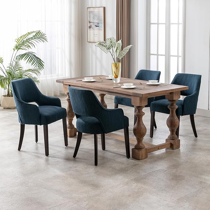 Farmhouse Dining Chairs Set of 2 Upholstered Linen Kitchen Chairs Accent Side Chair with Solid Wood Legs/Armrest for Living Room/Dining Room/Bedroom/Restaurant, Blue