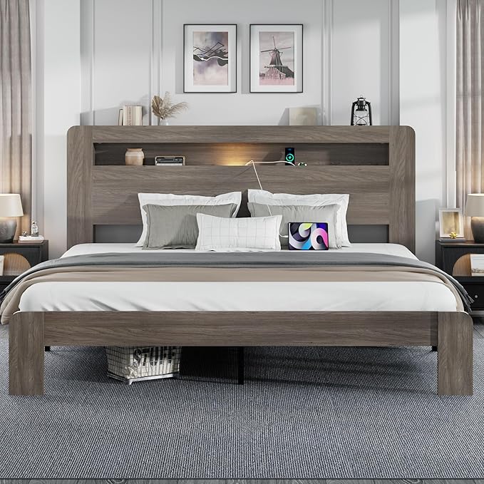 King Size Wooden Bed Frame with Bookcace Storage Headboard, Rustic Farmhouse Bedframe with LED Lights and Charging Station, Sturdy and Stable, Slat Support, No Box Spring Required (Light Brown, King)