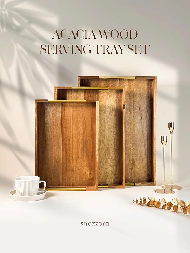 Acacia Wood Serving Tray - Set of 3 with Golden Steel Handles 18", 16" & 14" with 6 Coasters - for Coffee Table, Ottoman in Living Room, Breakfast in Bed, Jewelry, Decorative