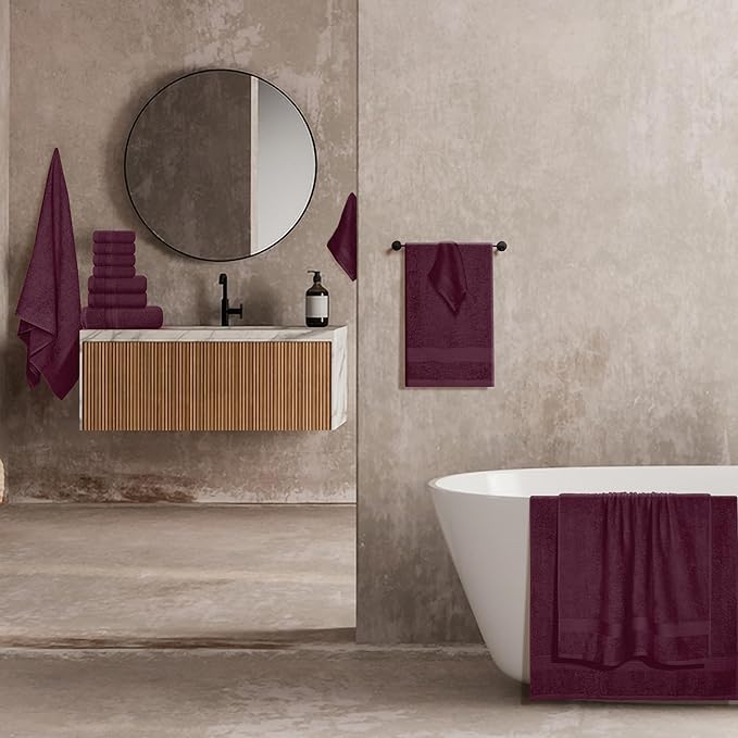 BOUTIQUO 24 Pack Cotton Towel Set, Contains 6 Bath Towels 27x54 inch, 6 Hand Towels 16x24 inch & 12 Wash Coths 12x12 inch, Ideal Everyday use, Ultra Soft Compact & Lightweight - Burgundy