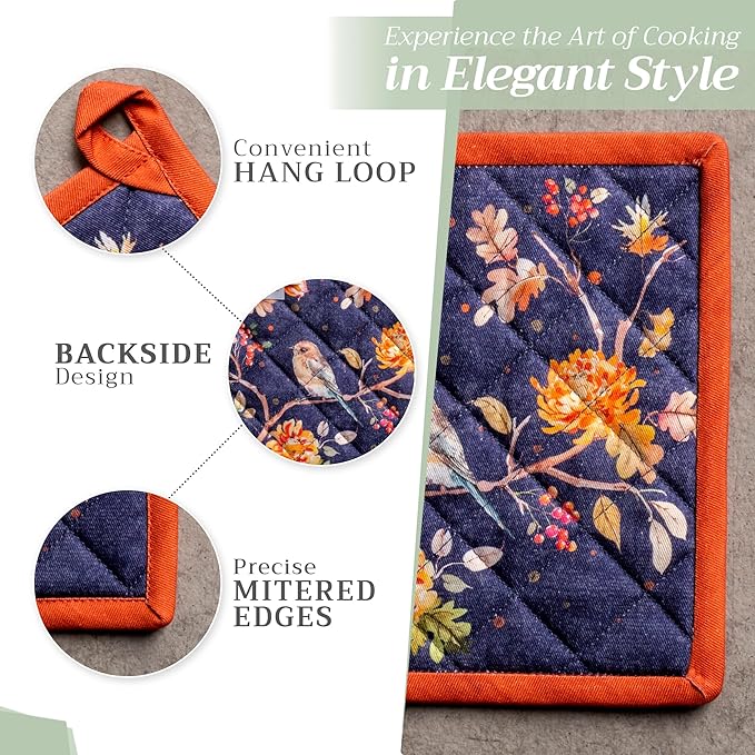 Maison d' Hermine 100% Cotton Oven Mitt & Pot Holder Set (7.5"x13" & 8"x8") Heat Resistant BBQ Cooking Gloves with Loop for Thanksgiving Christmas Decorations Handling Hot Pans (Kelim - Infinity)