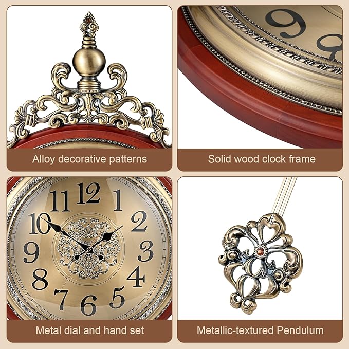 Vintage Wall Clock with Pendulum,Diameter 16 in/Full Length 30.7 in Large Retro Metal and Glass Silent Clock for Living Room, Antique Wood Pendulum for Dining Room Office Home Decor