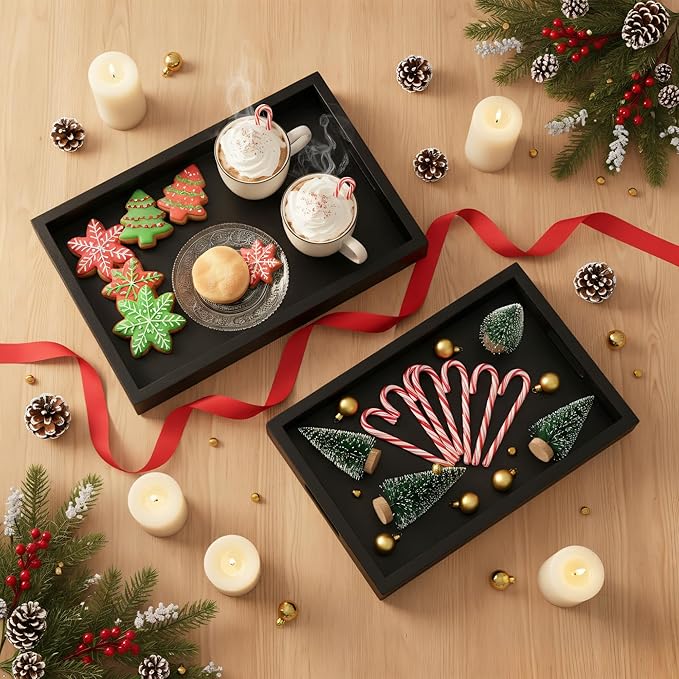 Black Acacia Wooden Rectangular Serving Tray with Handles, Set of 2 (15"x11"), Large Tray for Ottoman, Breakfast in Bed, Dinner, Coffee Table Decor & Kitchen