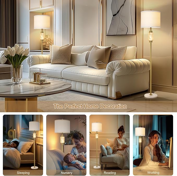 Natural Alabaster Floor Lamp, Floor Lamps for Living Room, Standing Lamp with Night Light, Linen Shade, Marble Base, Gold Floor Lamp, Tall Lamp for Bedroom, Living Room,Office(Bulb Included)