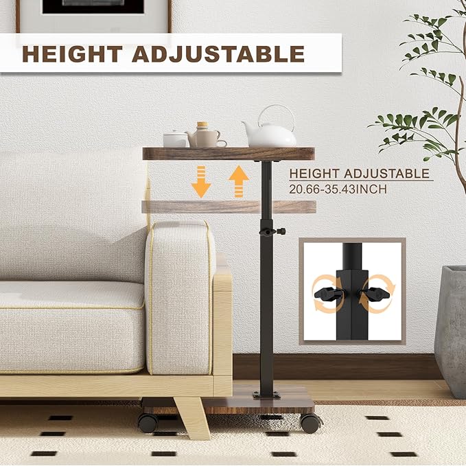 C Shaped End Table Adjustable Height, Couch Tables That Slide Under with Wheels, 360° Swivel C Side Table for Couch, Sofa, Living Room, Bedroom, Small Spaces (Walnut Veneer)