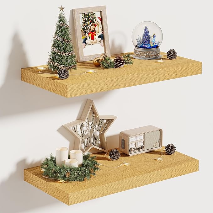 Vivelove 10" Deep Floating Shelves Over Toilet, 16" Wall Shelves for Bathroom Bedroom Kitchen Living Room Laundry Room, Modern Rustic Shelves for Home Decor, 16"x10.2"x1.5", Set of 2, Oak