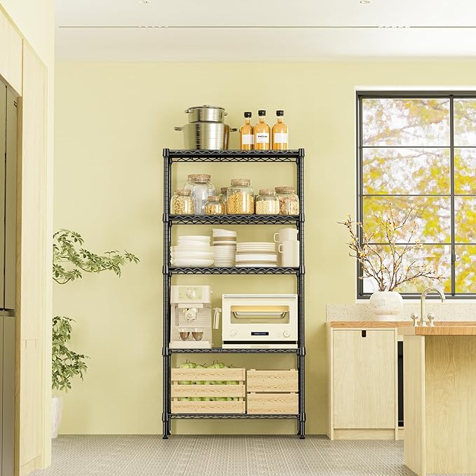 IZEUK 5 Tier Black Metal Storage Shelves, Heavy Duty Wire Shelving Rack for Garage, Kitchen, Bathroom, or Laundry Organization, 1250 lbs Capacity, 13.8" D x 35.4" W x 68.5" H