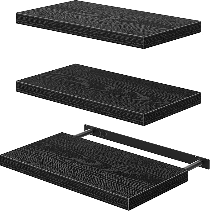 QEEIG 12" Deep Floating Shelves for Wall - 12 x 24 inch Book Shelf Bathroom Bedroom Kitchen Living Room Hanging Bookshelf Farmhouse Set of 3, Black (026-60B3)