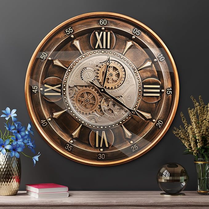 October Elf 24 Inch Wall Clock with Moving Gears Large Industrial Steampunk Metal Clock Antique Gold Oversized Farmhouse Decor Wall Clock for Living Room Home Office(Brown with Roman Numerals)
